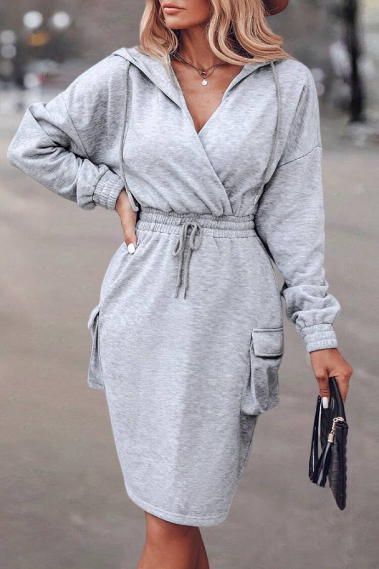 Women's Long Sleeve V-Neck Hooded Pocket Detailed Charcoal Two-Thread Short Dress - Gray