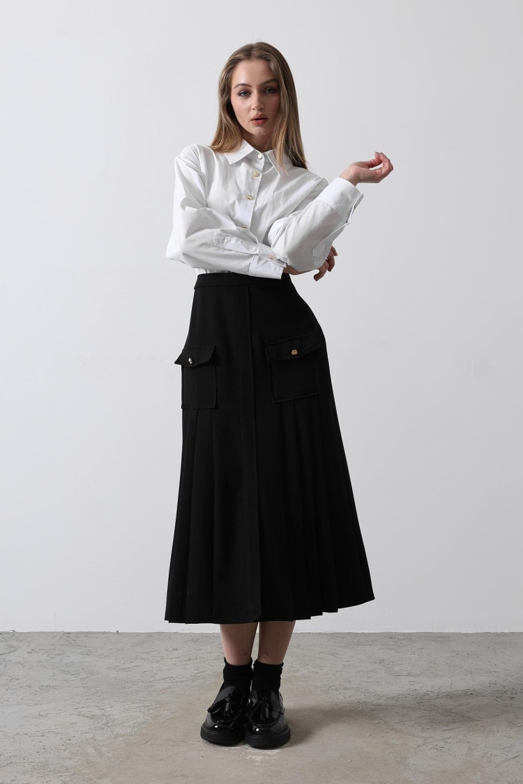 Pleated Contrast Shirt Dress - - White - Reyon - Globality Store - Women Clothes Wholesale Turkey