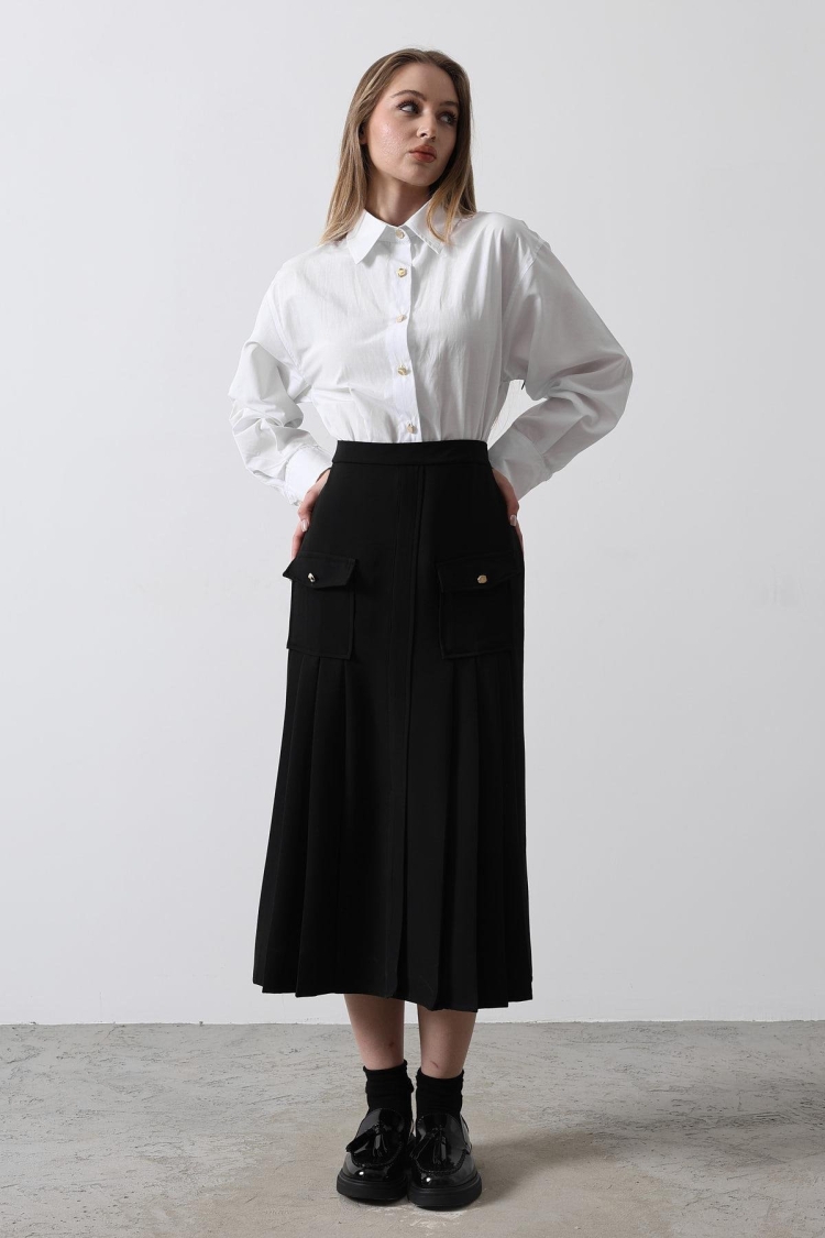 Pleated Contrast Shirt Dress - - White