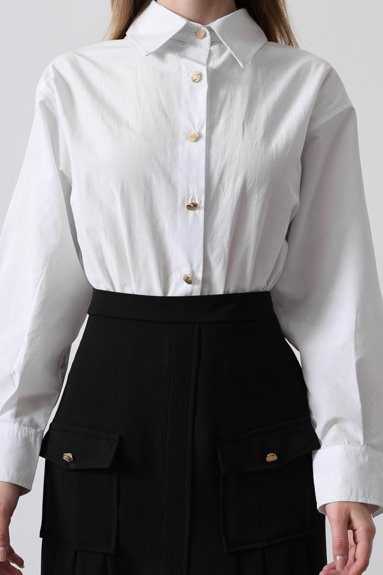 Pleated Contrast Shirt Dress - - White