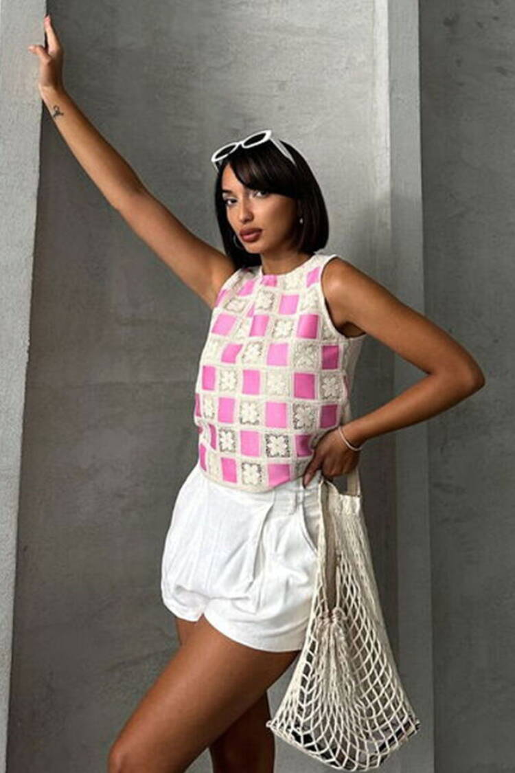 RawSleeveless Checkerboard Pattern Crochet Blouse - Brand: Topshow - Women's Clothing Wholesale - Globality Store