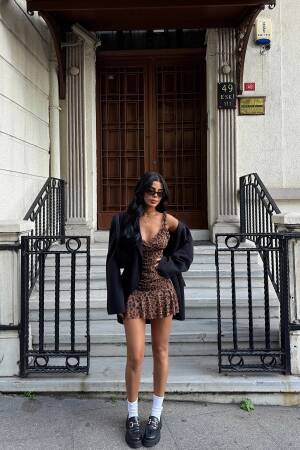 Leopard Print Mini Tulle Dress - Brown - EYYO ATELIER - Globality Store - Women Clothes Wholesale Turkey