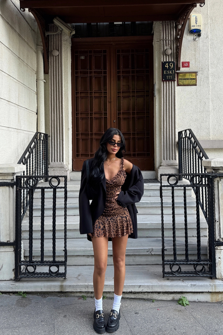 Leopard Print Mini Tulle Dress - Brown