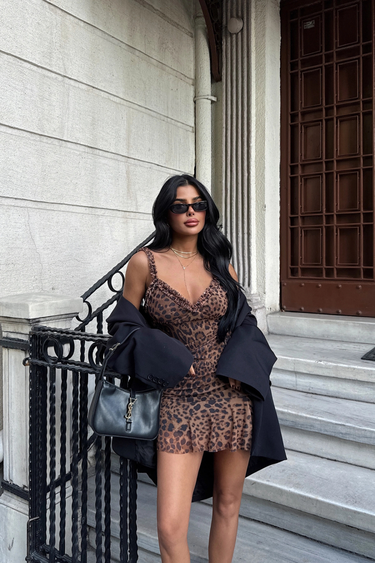 Leopard Print Mini Tulle Dress - Brown