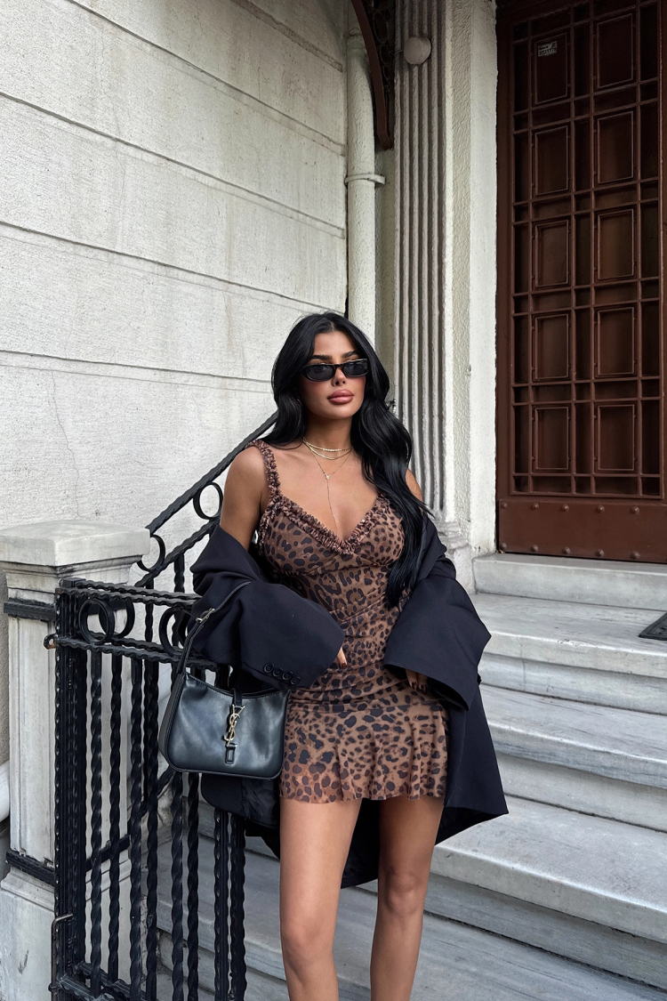 Leopard Print Mini Tulle Dress - Brown