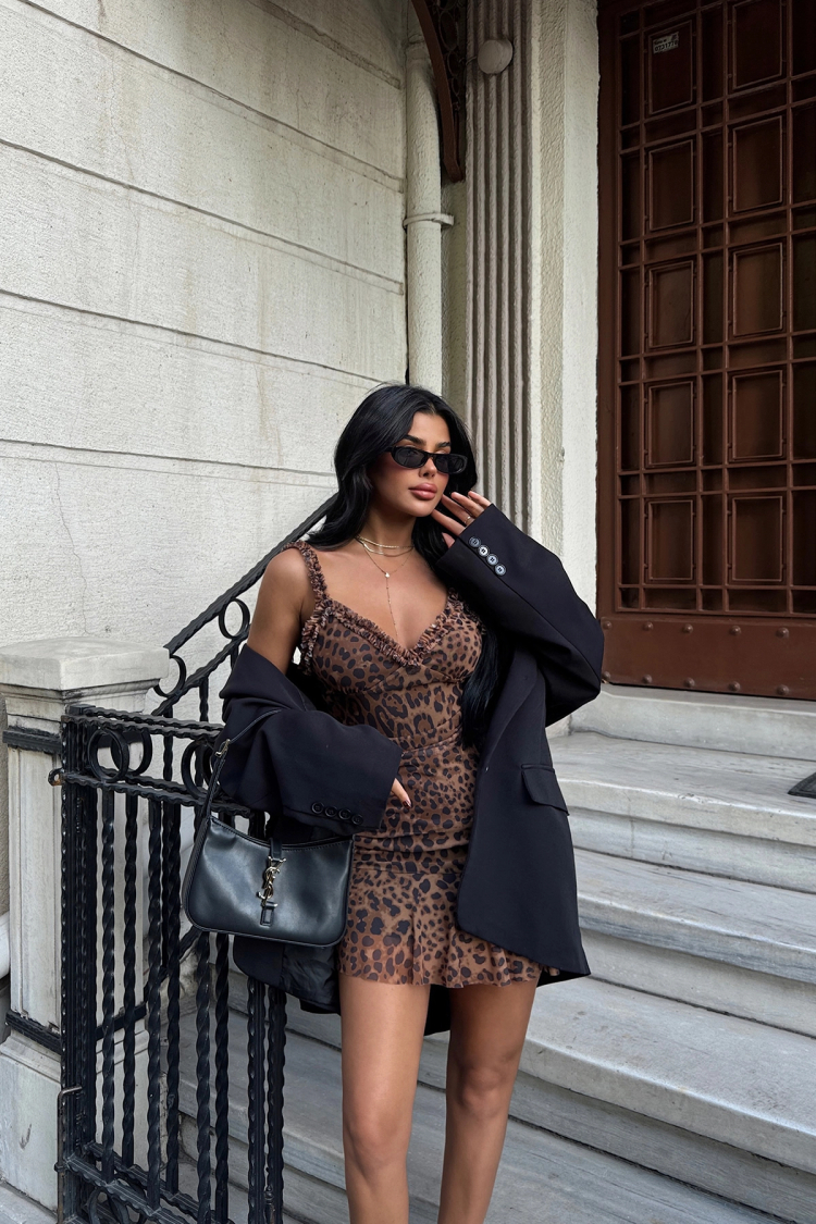 Leopard Print Mini Tulle Dress - Brown - EYYO ATELIER - Globality Store - Women Clothes Wholesale Turkey