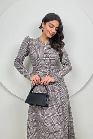 Striped Plaid Belt Dress - Grey - Miss Janell - Globality Store - Women Clothes Wholesale Turkey