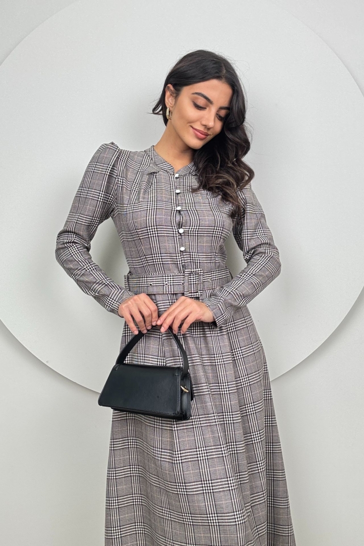 Striped Plaid Belt Dress - Grey - Miss Janell - Globality Store - Women Clothes Wholesale Turkey