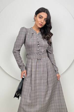 Striped Plaid Belt Dress - Grey - Miss Janell - Globality Store - Women Clothes Wholesale Turkey