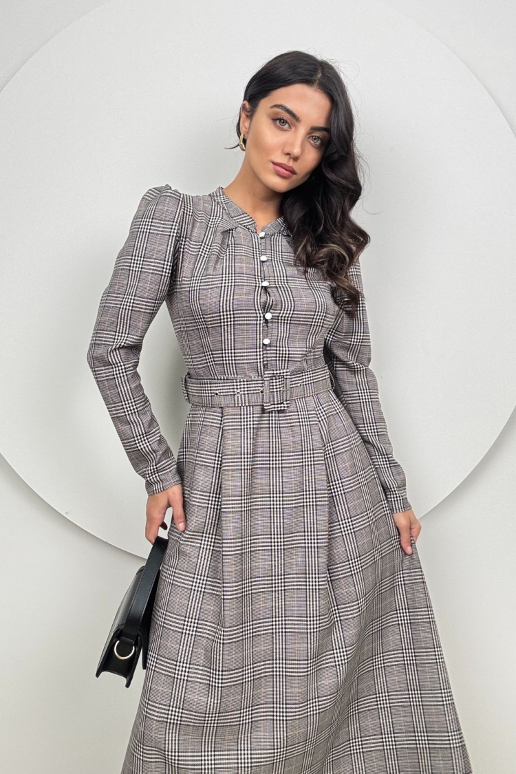 Striped Plaid Belt Dress - Grey