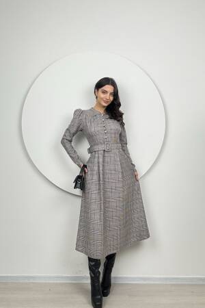 Striped Plaid Belt Dress - Grey - Miss Janell - Globality Store - Women Clothes Wholesale Turkey