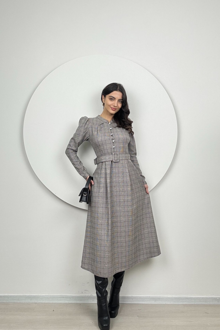 Striped Plaid Belt Dress - Grey