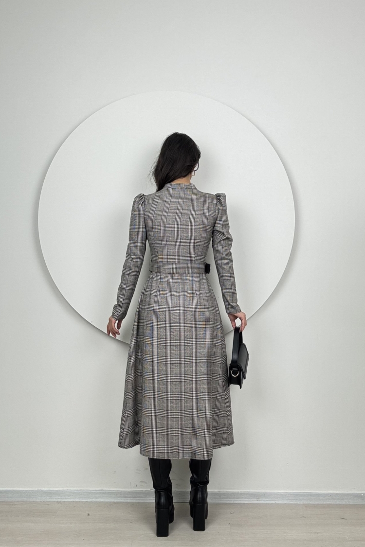 Striped Plaid Belt Dress - Grey