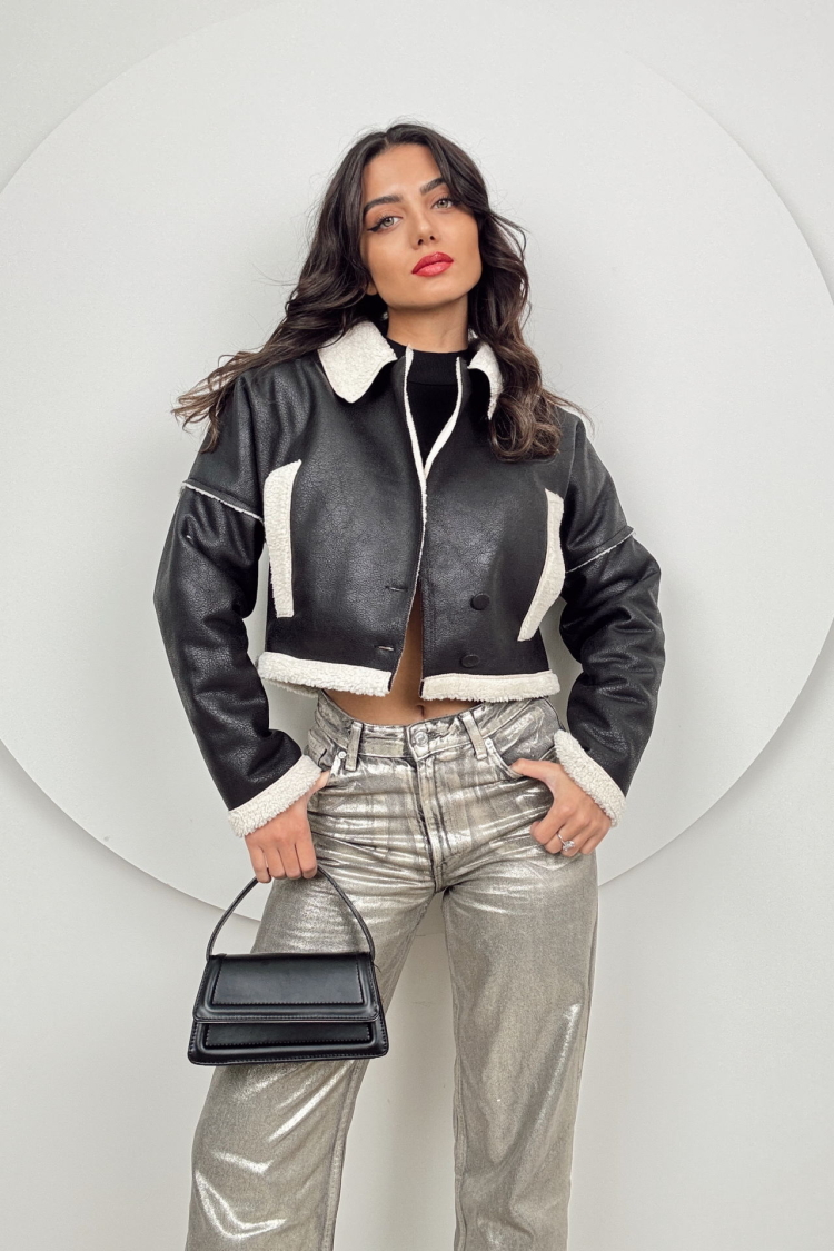 Short Leather Coat With Fur - Black