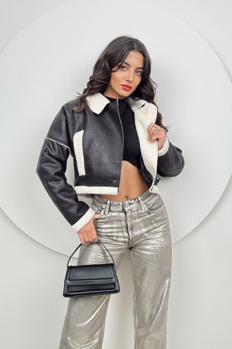 Short Leather Coat With Fur - Black