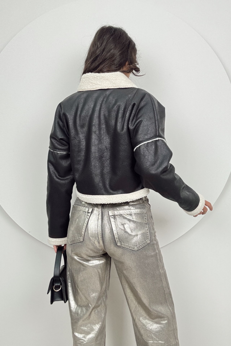Short Leather Coat With Fur - Black