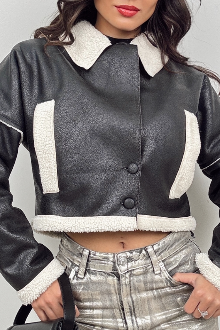 Short Leather Coat With Fur - Black