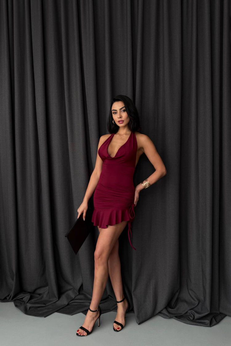 Plunging Lycra Fabric Ruffle Mini Dress - Mode Roy - Globality Store - Women Clothes Wholesale Turkey