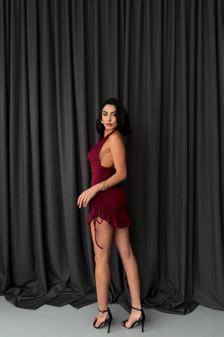 Plunging Lycra Fabric Ruffle Mini Dress