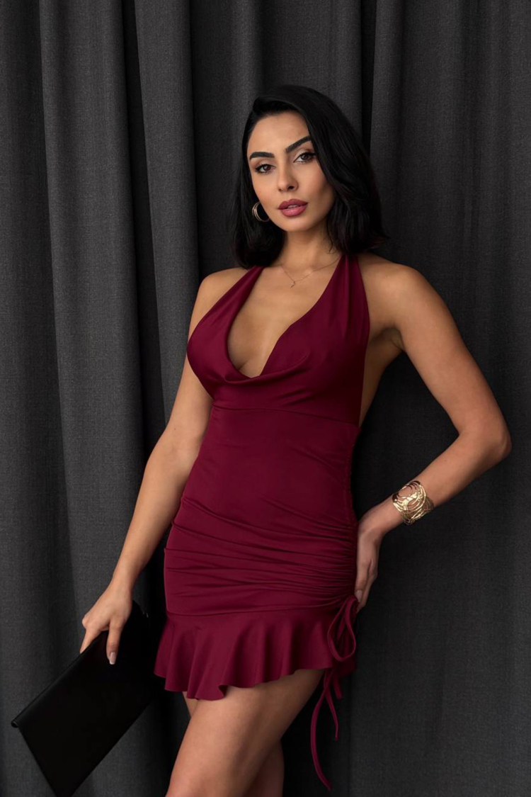 Plunging Lycra Fabric Ruffle Mini Dress