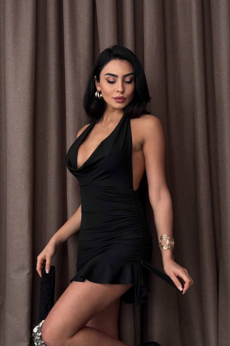 Plunging Lycra Fabric Ruffle Mini Dress