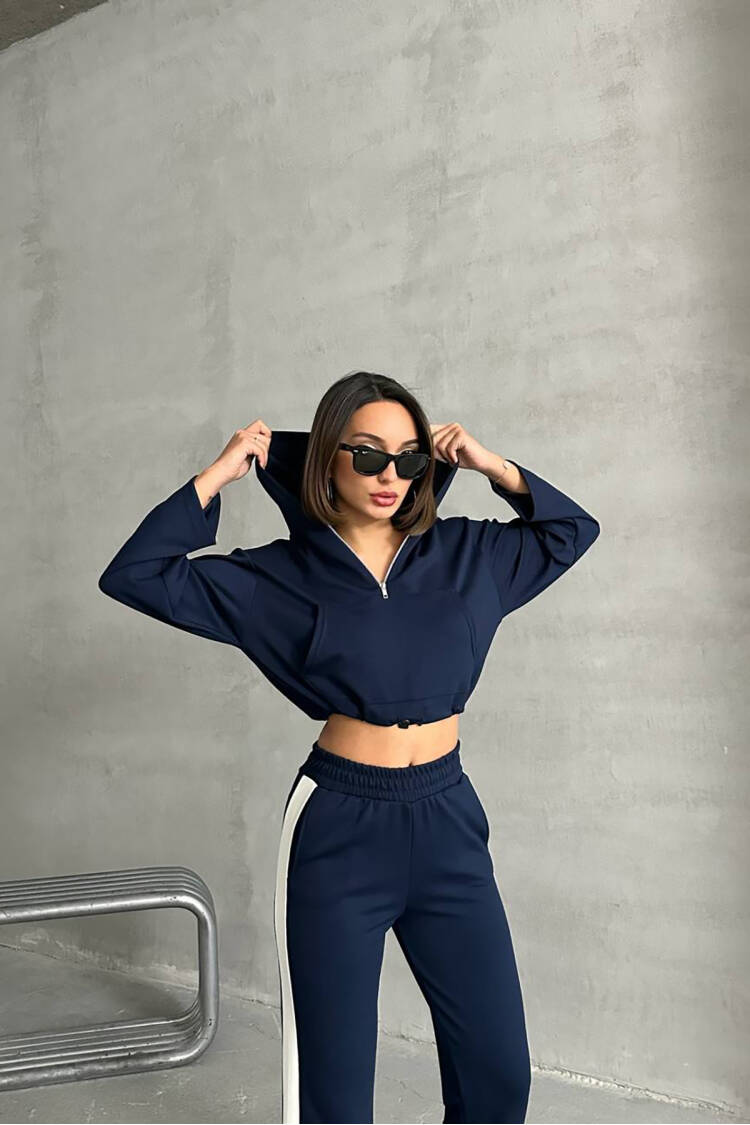 Crop Hoodie Tracksuit - Navy
