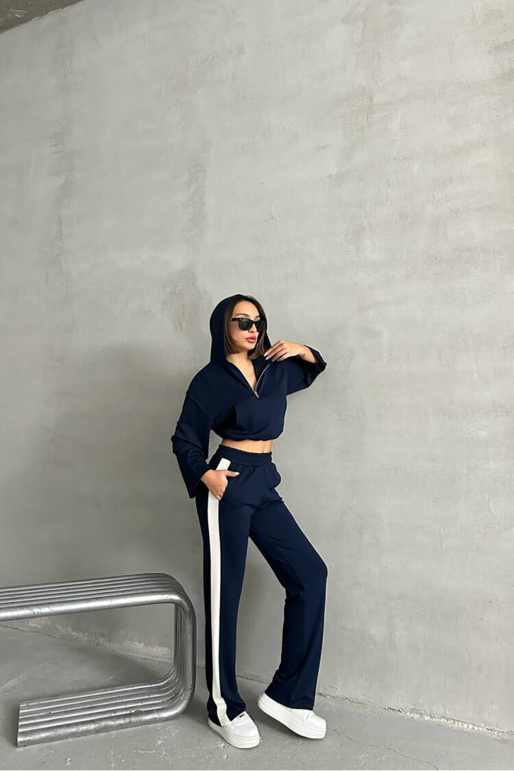 Crop Hoodie Tracksuit - Navy
