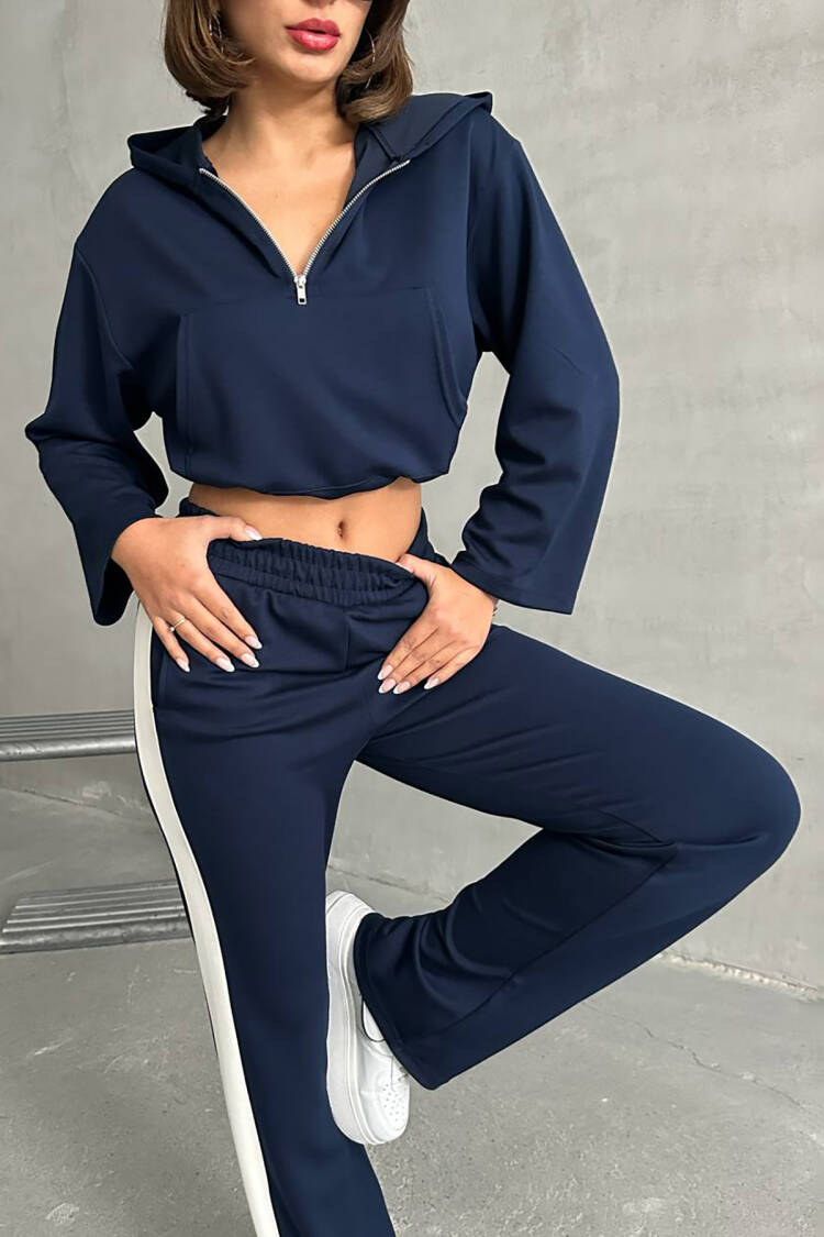 Crop Hoodie Tracksuit - Navy - Mode Roy - Globality Store - Women Clothes Wholesale Turkey