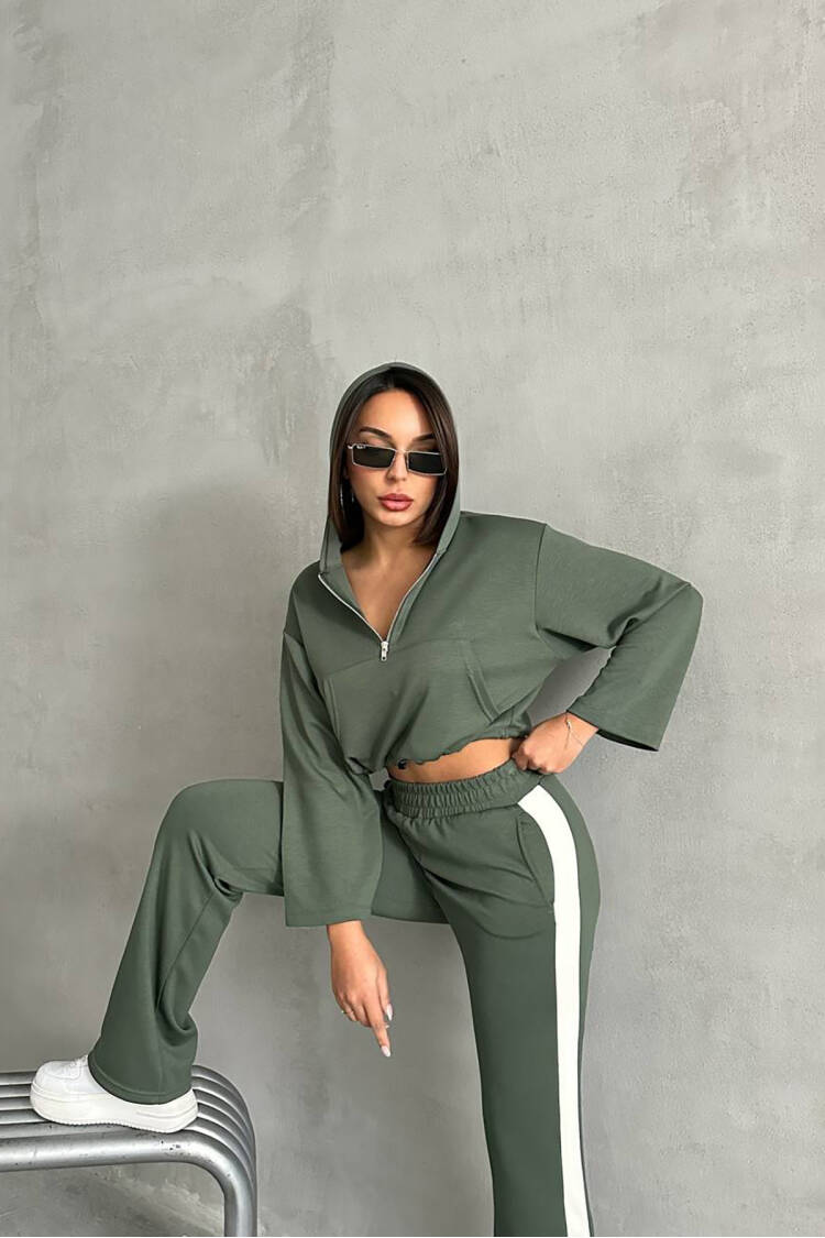 Crop Hoodie Tracksuit - Green - Mode Roy - Globality Store - Women Clothes Wholesale Turkey