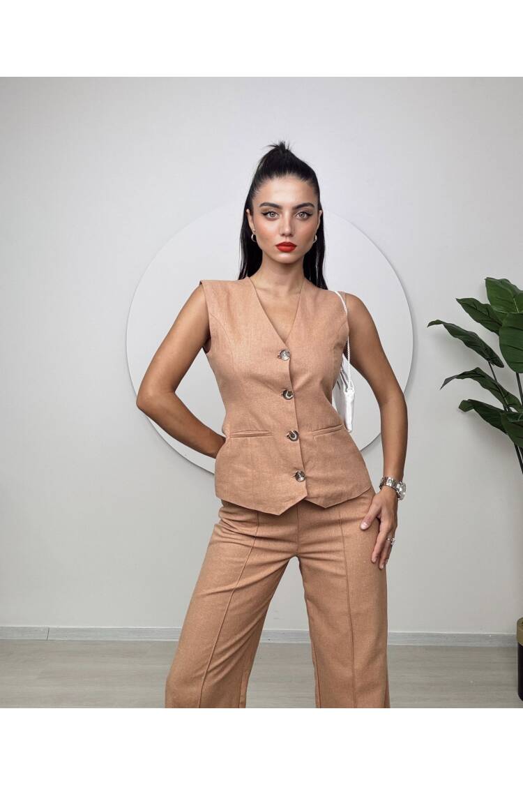 Trousers Vest Double Set - Taba - Miss Janell - Globality Store - Women Clothes Wholesale Turkey