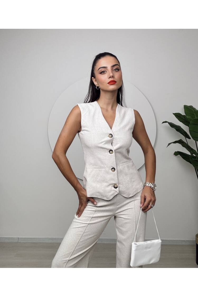 Trousers Vest Double Suit - Bone - Miss Janell - Globality Store - Women Clothes Wholesale Turkey