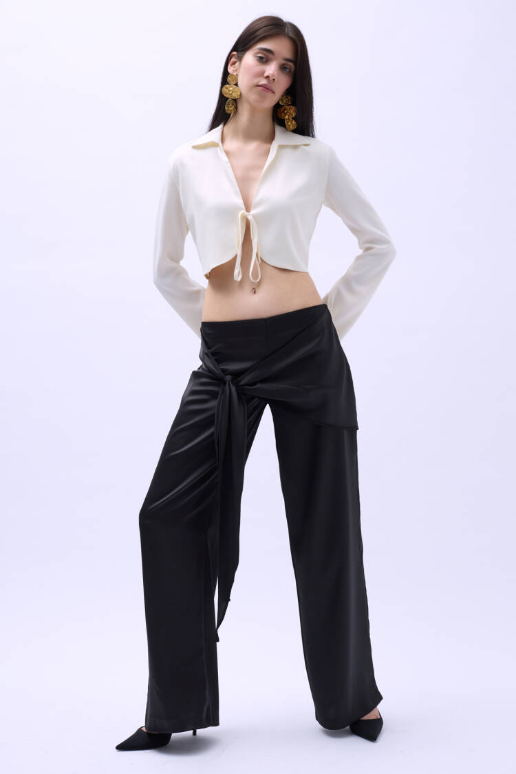 Front Tie Satin Trousers - Black Fashion - Globality Store - Women Clothes Wholesale Turkey