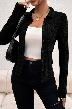 Women's Long Sleeve Collar Front Buttoned Short Jacket - Black - Janes - Globality Store - Women Clothes Wholesale Turkey
