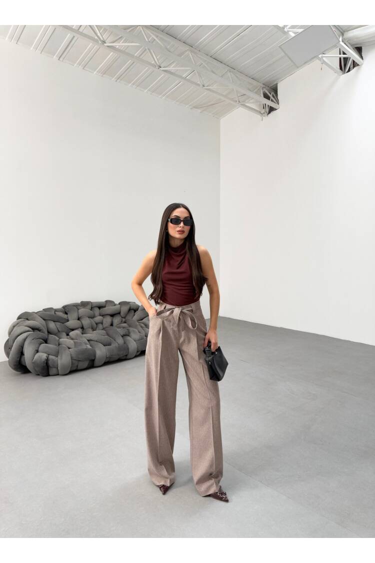 Sante Striped Waist Belt Palazzo Pants - Ouz Fashion - Globality Store - Women Clothes Wholesale Turkey