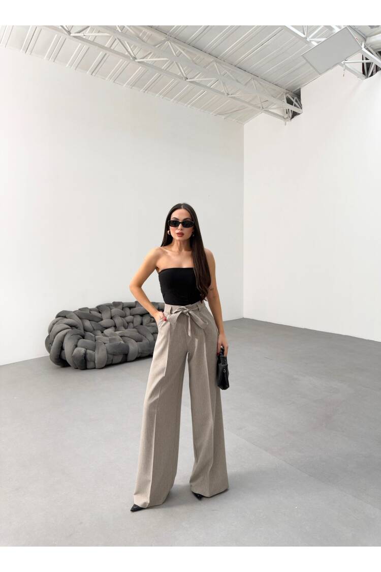 Striped Waist Belt Palazzo Pants - Ouz Fashion - Globality Store - Women Clothes Wholesale Turkey