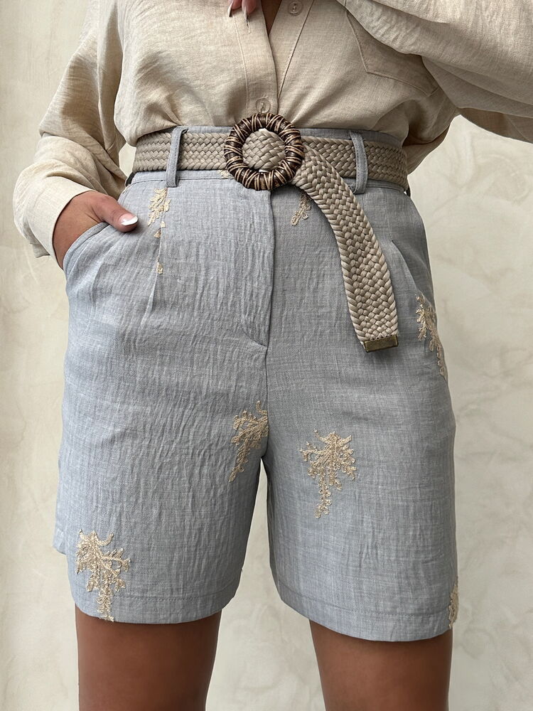 Embroidered Linen Shorts -|