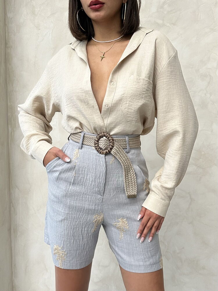Embroidered Linen Shorts -|