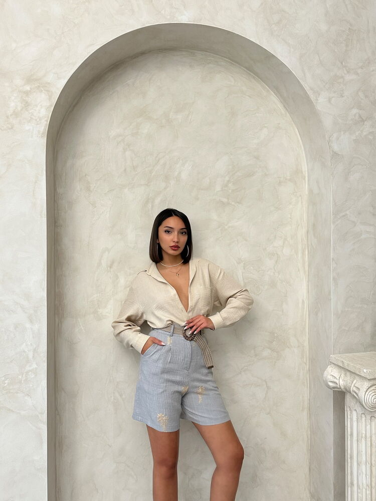 Embroidered Linen Shorts -|