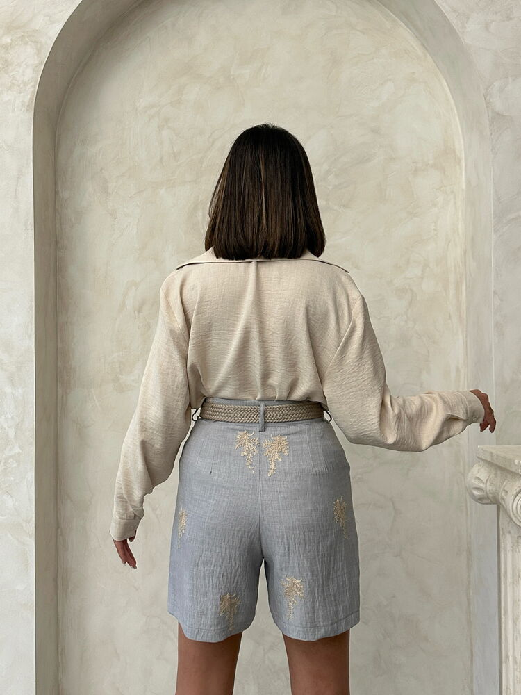 Embroidered Linen Shorts -|