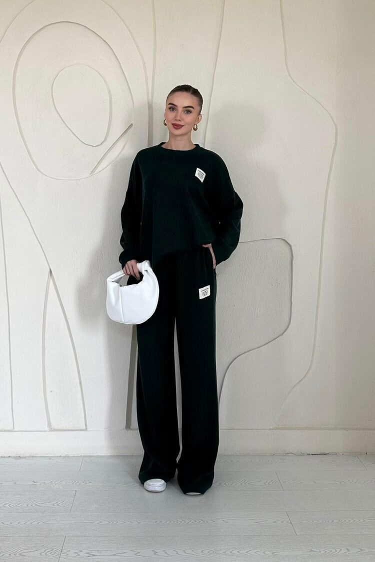 Classic Ribbed Sweater And Pants Set - Dark Green - Elisa - Globality Store - Women Clothes Wholesale Turkey