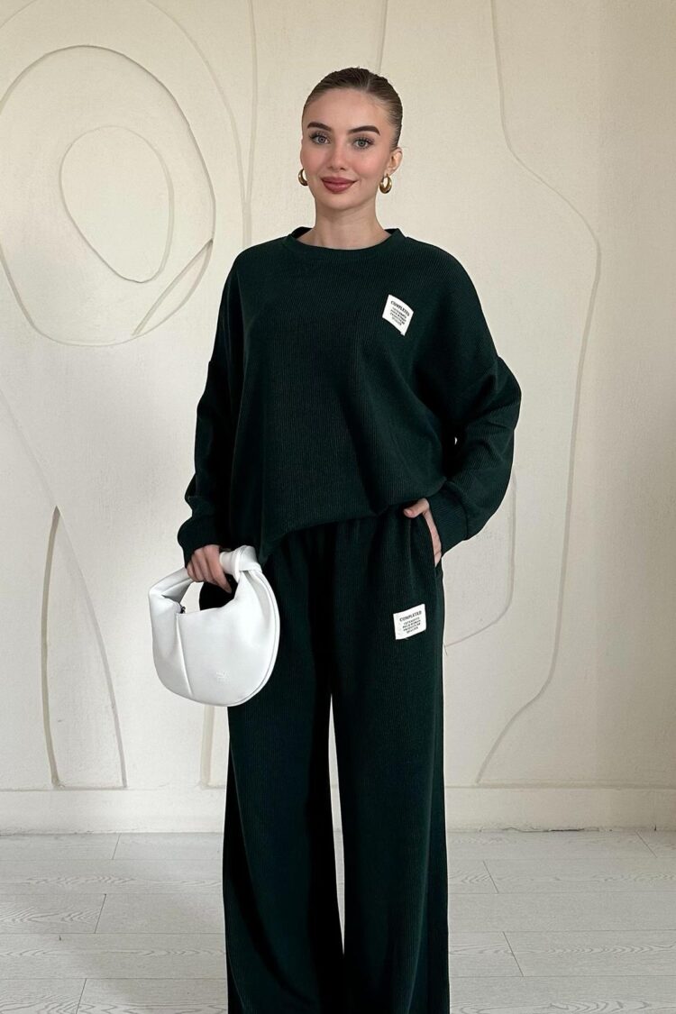 Classic Ribbed Sweater And Pants Set - Dark Green