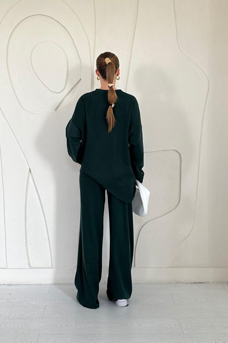 Classic Ribbed Sweater And Pants Set - Dark Green