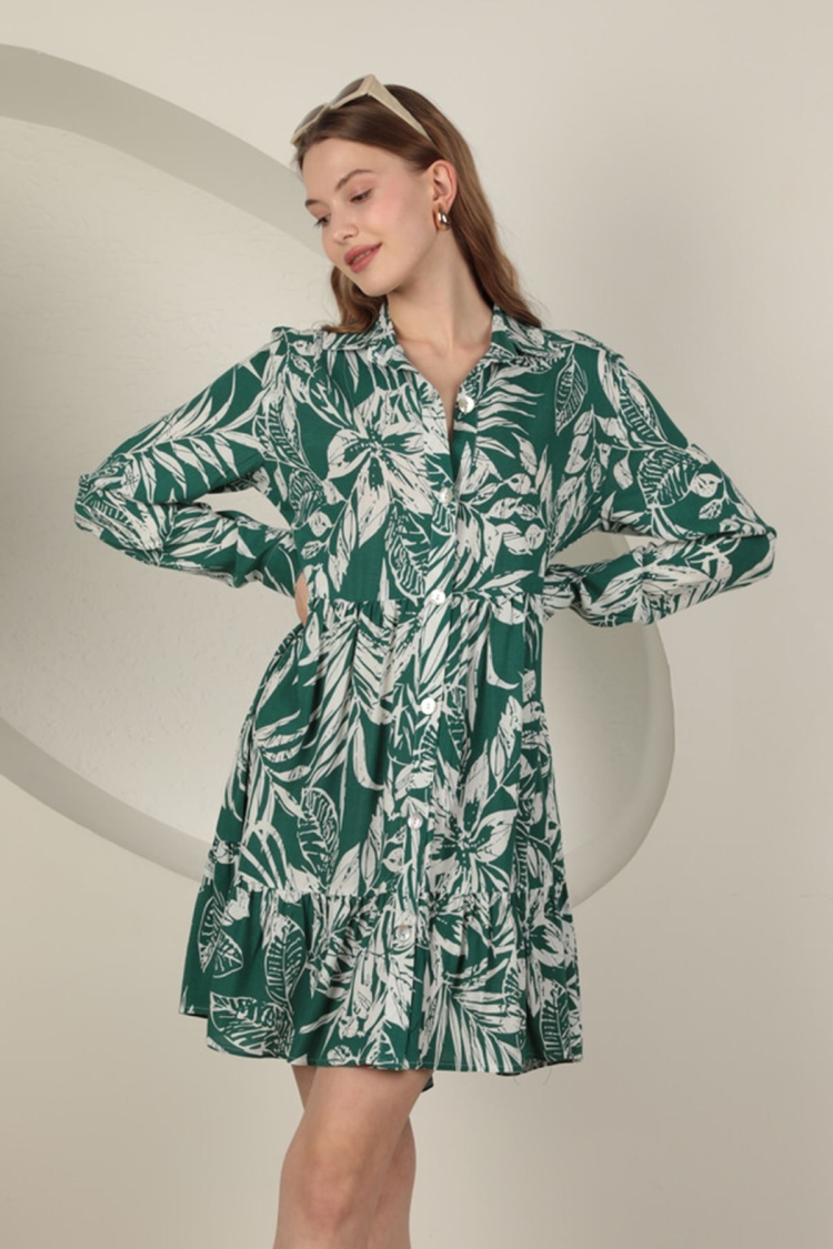 Viscose Fabric Leaf Pattern Dress - Green - Maxi Modena - Globality Store - Women Clothes Wholesale Turkey