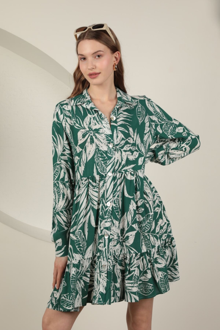 Viscose Fabric Leaf Pattern Dress - Green