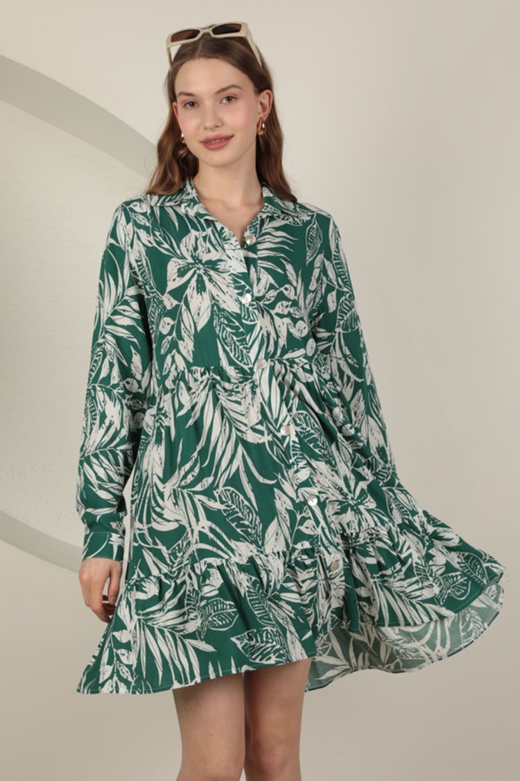 Viscose Fabric Leaf Pattern Dress - Green