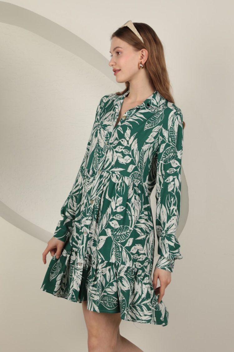 Viscose Fabric Leaf Pattern Dress - Green