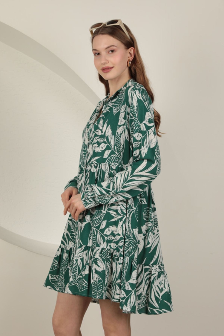 Viscose Fabric Leaf Pattern Dress - Green
