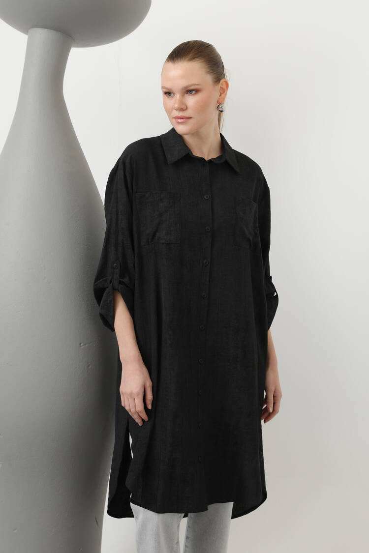 Women's Front Pocket Detailed Back Ribbed Long Tunic