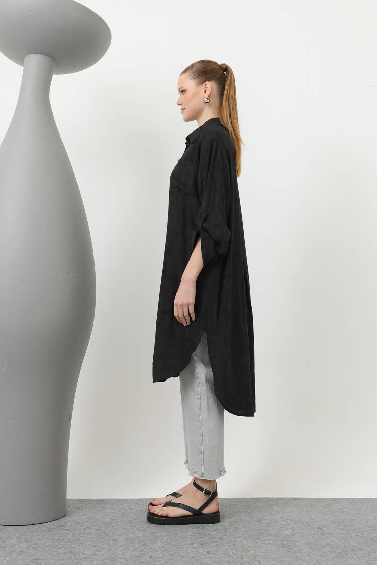 Women's Front Pocket Detailed Back Ribbed Long Tunic