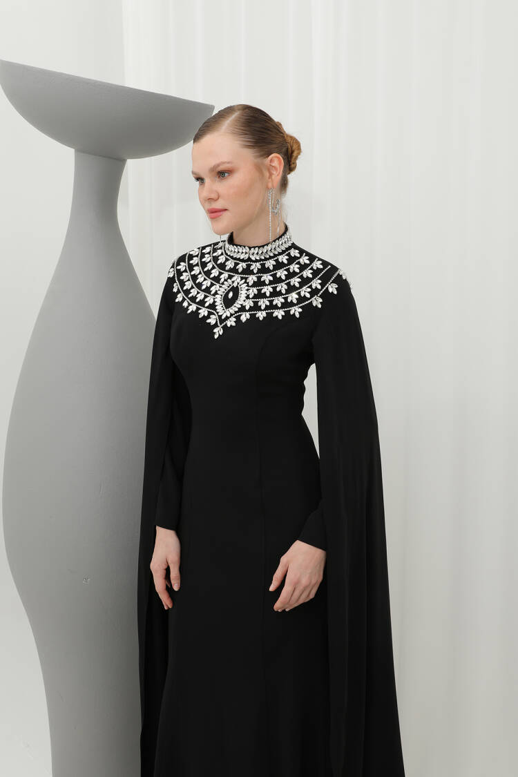 Women's Stone Embroidered Long Sleeve Evening Dress